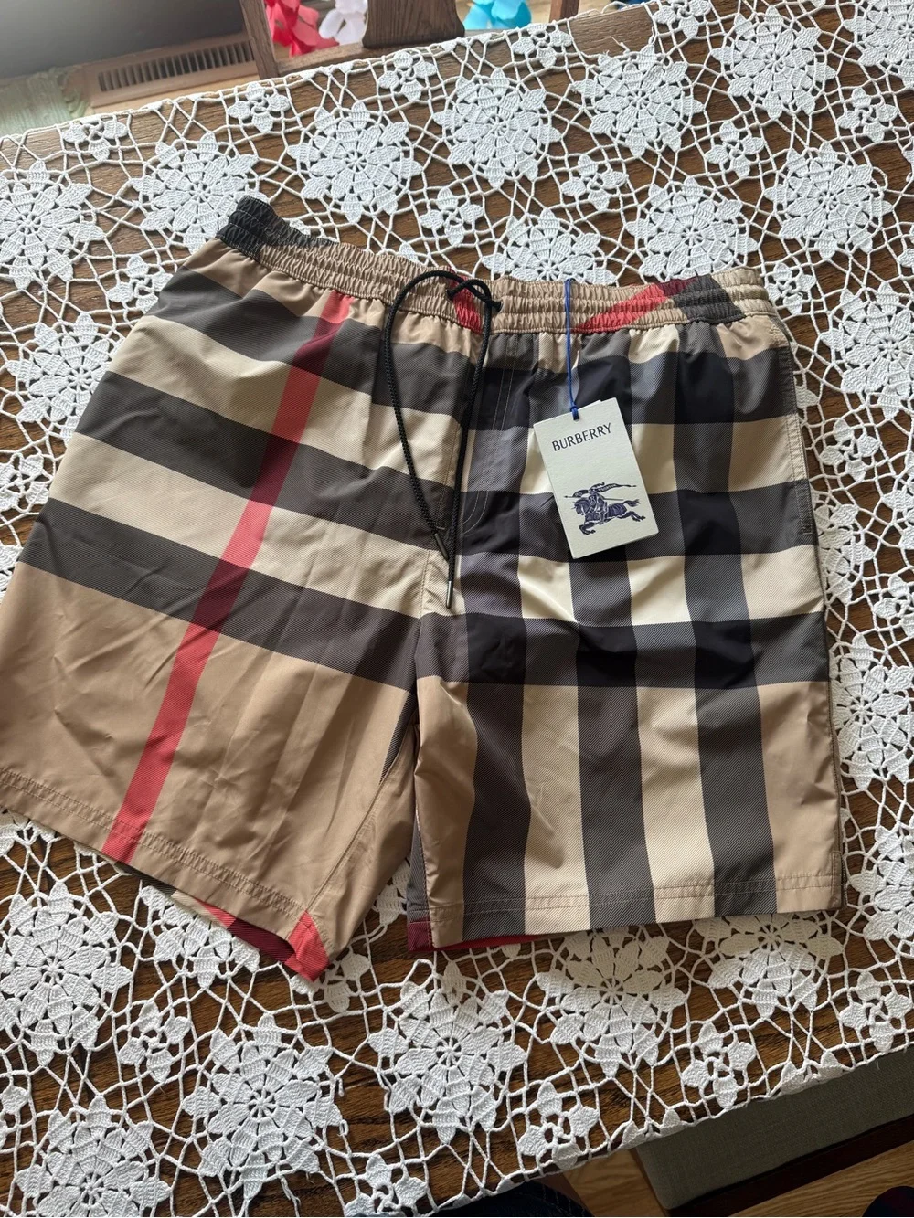 Burberry Men's Beige Check Swim Trunks with Red Stripe